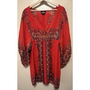 Angie V Neck Red Floral Blouse Kimono Sleeve Boho Festival Smocked Women's Sz XL